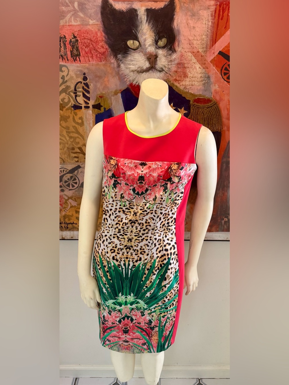 Elie Tahari vibrant neon floral animal print shift dress sz4